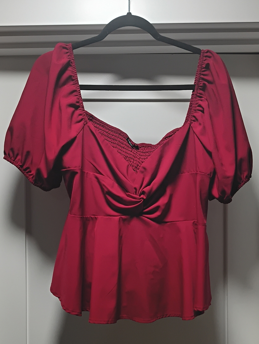 SHEIN Red Puff-Sleeve Twist-Front Blouse